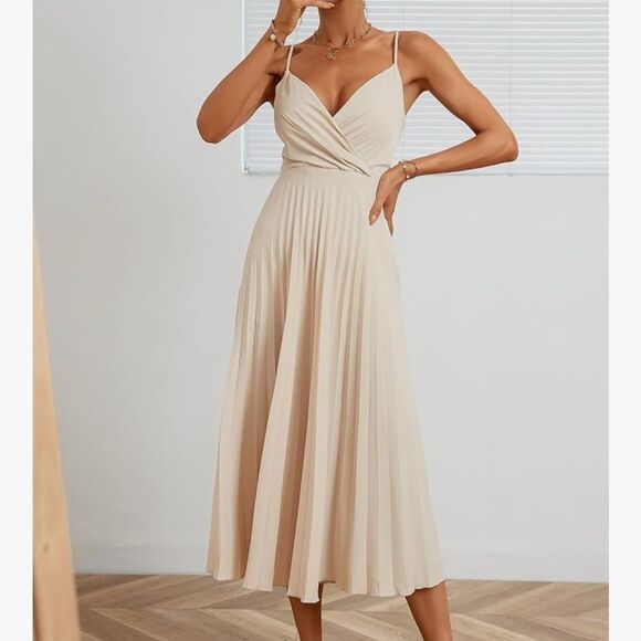 Ivory Pleated Midi Dress Med 8 10 - Picture 4 of 6